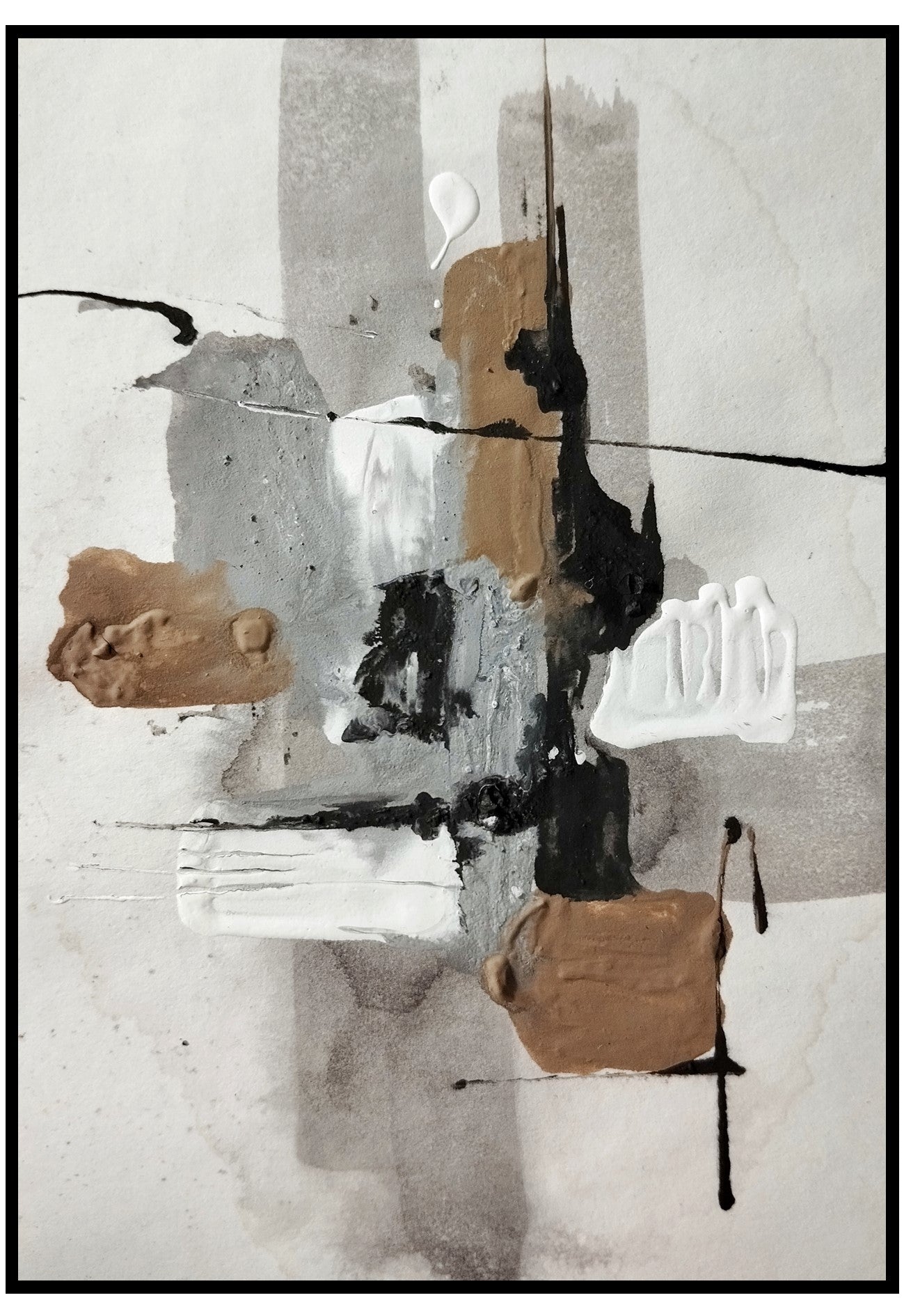 Abstract art piece with brown, black, and white colors on a light background