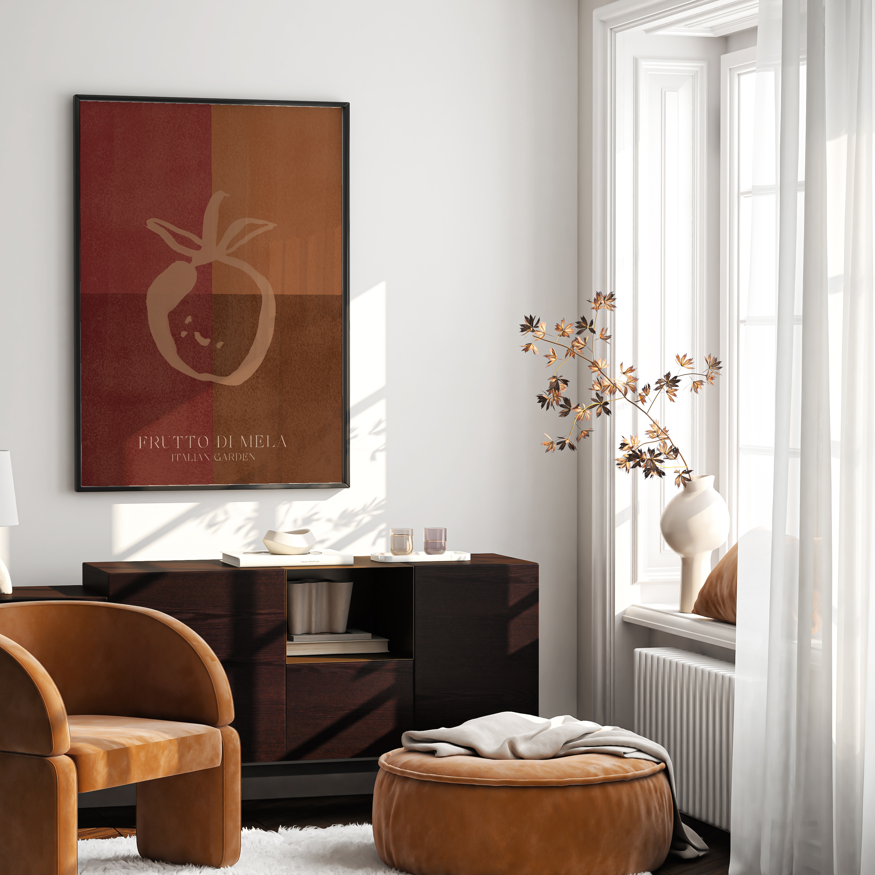 Modern interior with a brown chair, ottoman, and desk in a well-lit room.