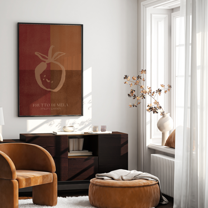 Modern interior with a brown chair, ottoman, and desk in a well-lit room.