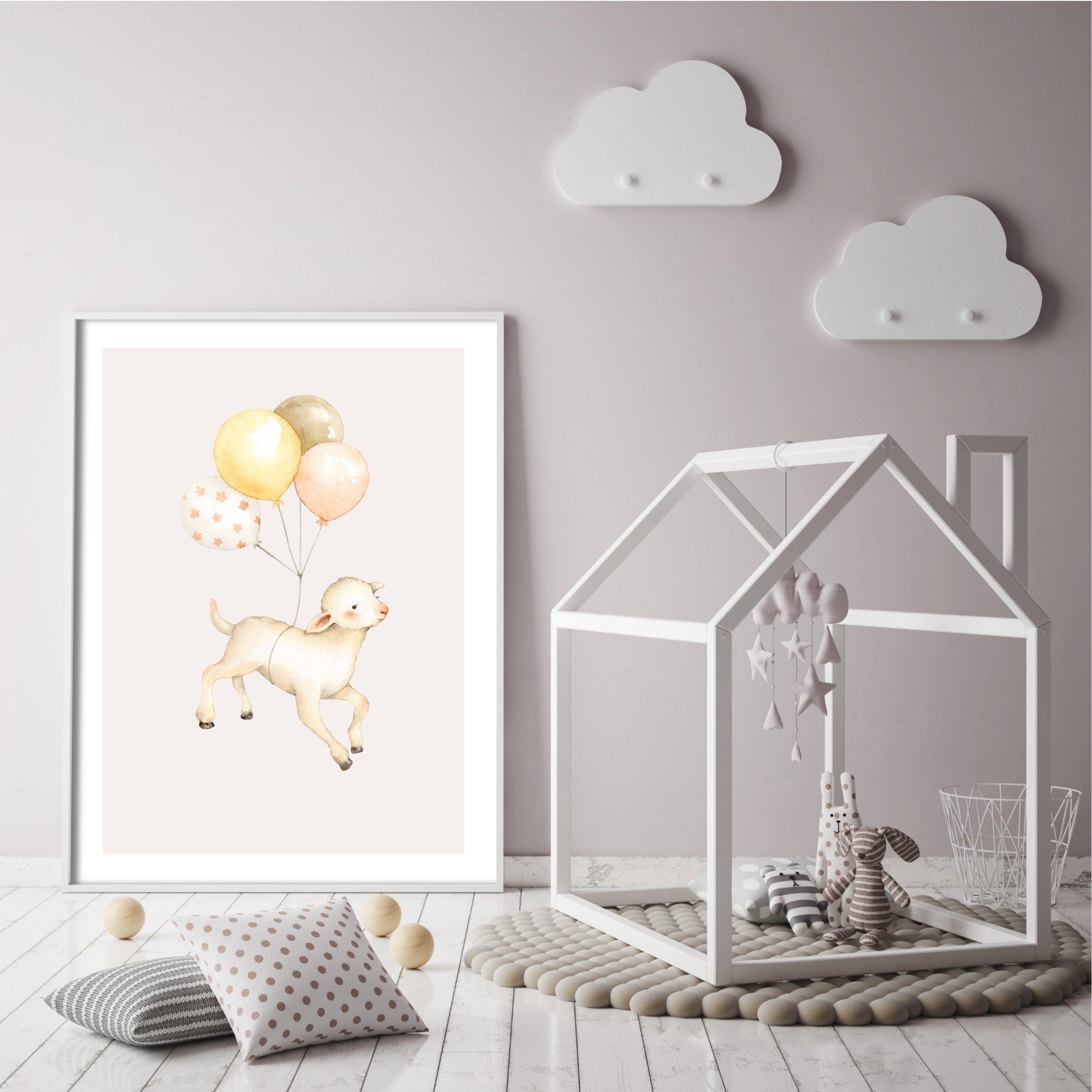 illustrated baby lamb poster in beige nursery