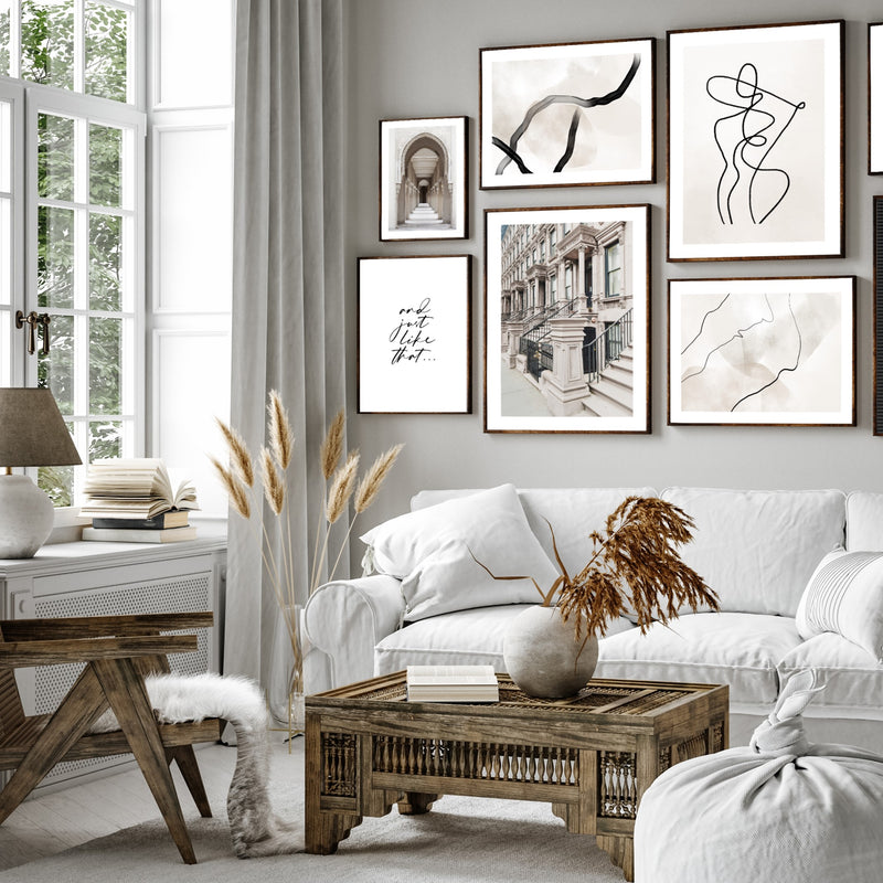 neutral living room gallery wall