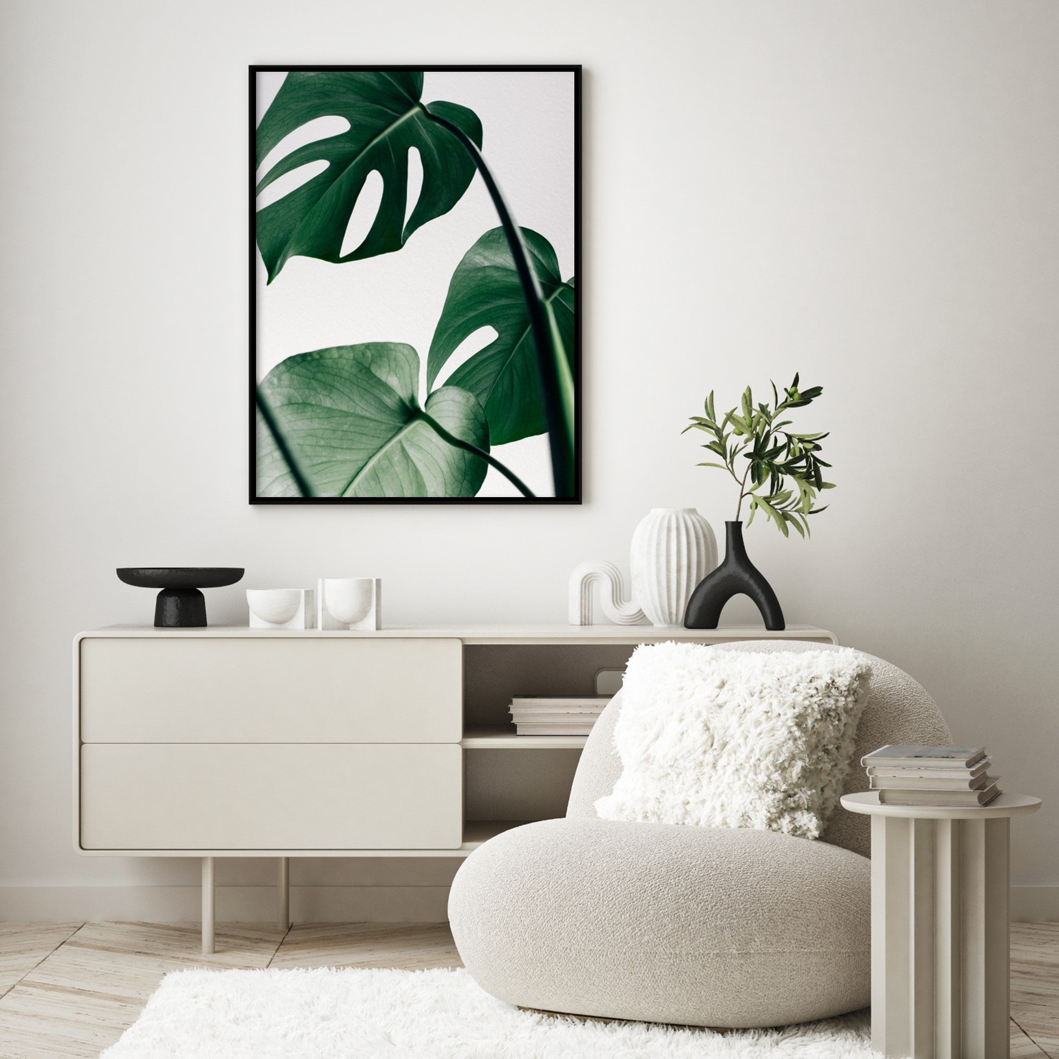 monstera leaves wall art in modern living room