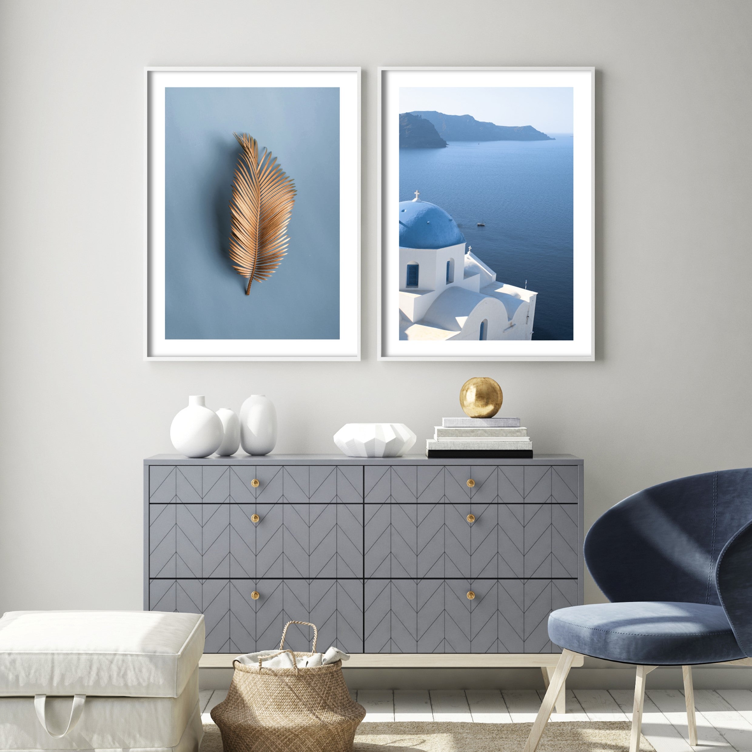 Print of Santorini Oia looking out to the sea in a blue coloured living room