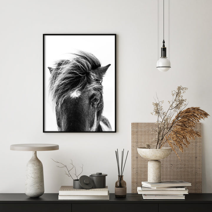 photography wall art of black horse in japandi style home