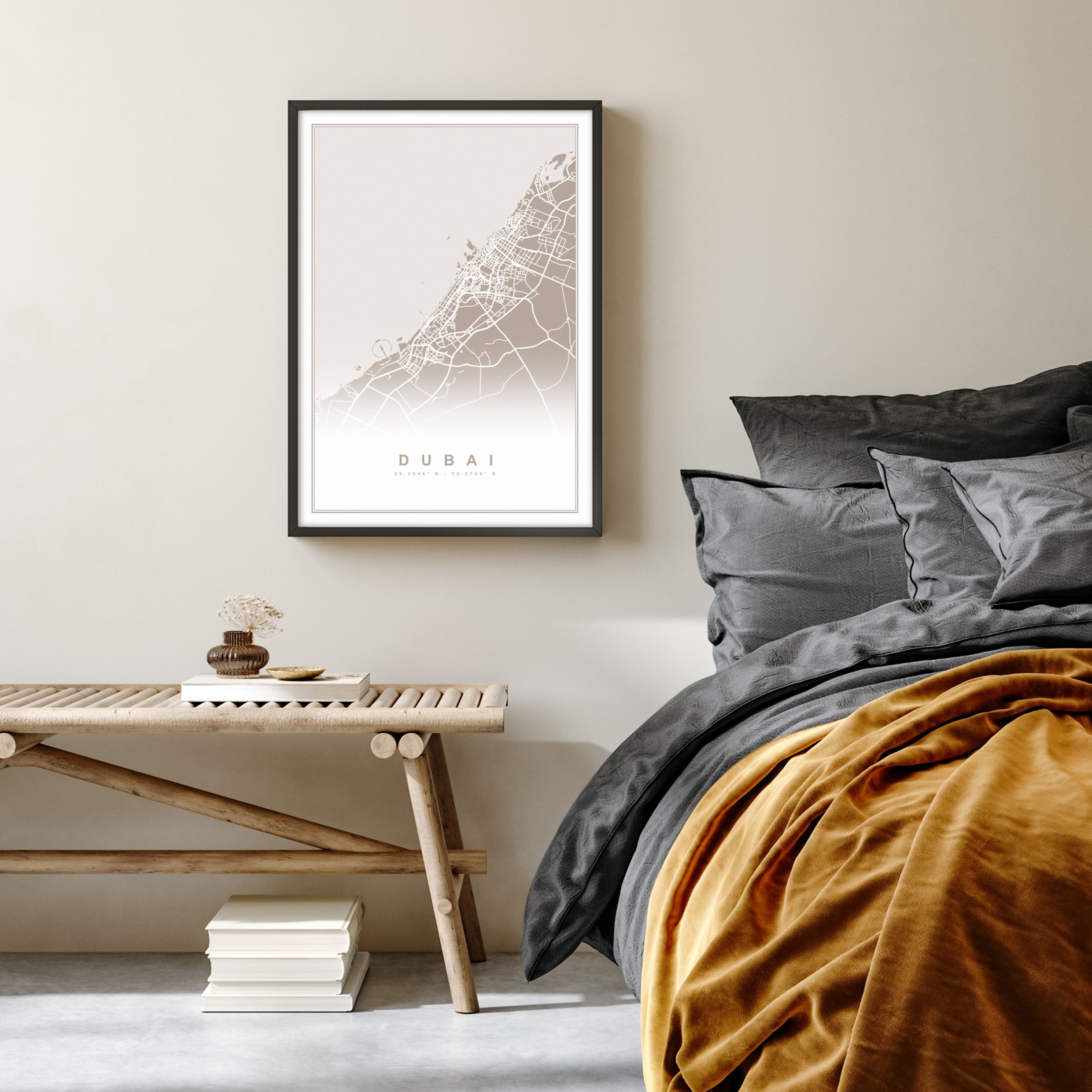 dubai map print in boho bedroom