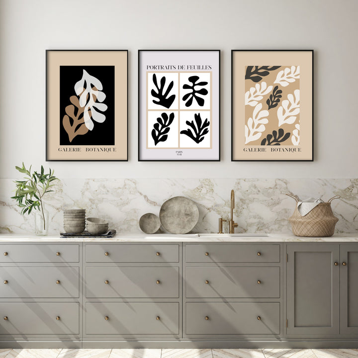 Kitchen Gallery Wall of Matisse inspired prints in modern black wood poster frames