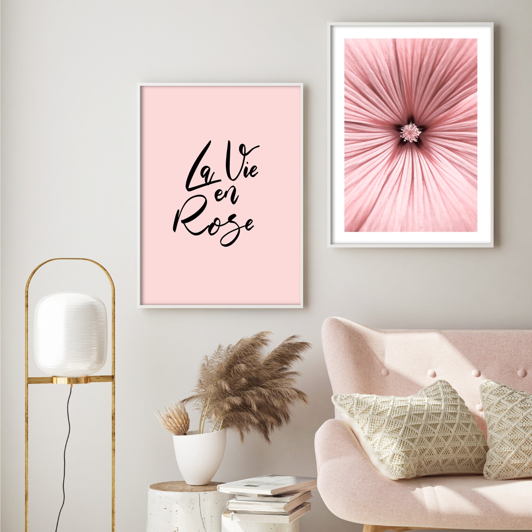 pink wall art posters with white frames