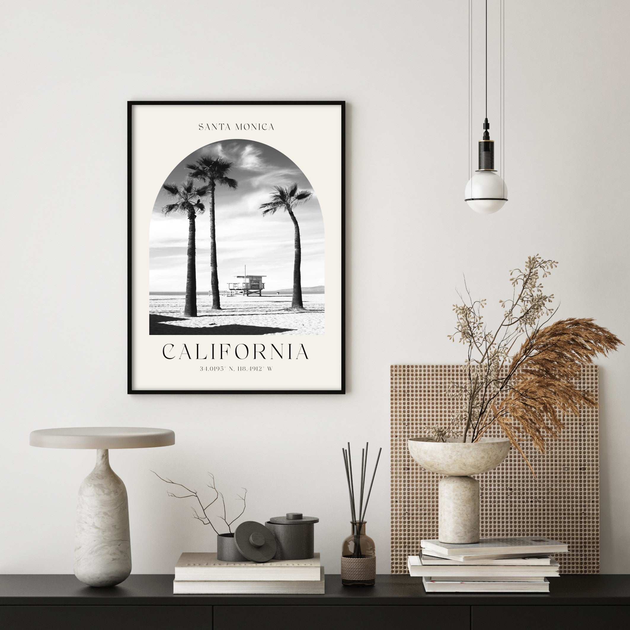 santa monica wall art in japandi room