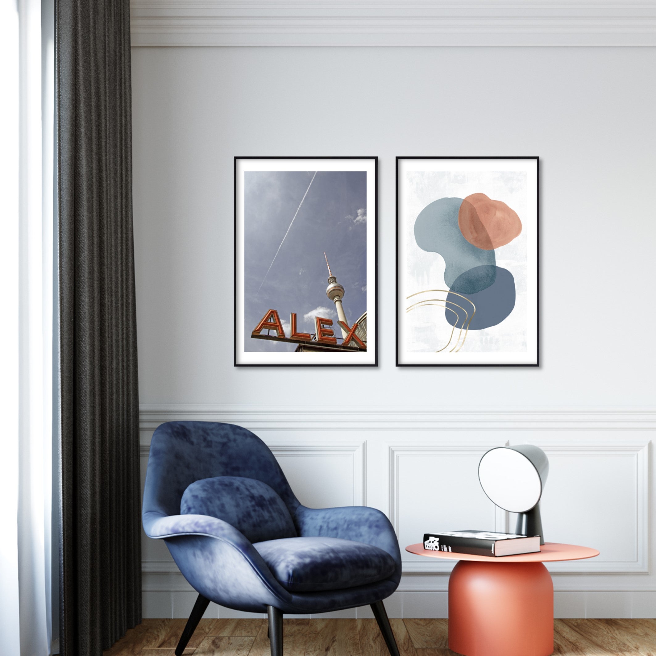 Modern home with abstract wall posters in black wood frames