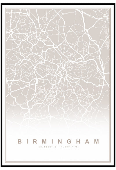 Neutral Birmingham Map Wall Art
