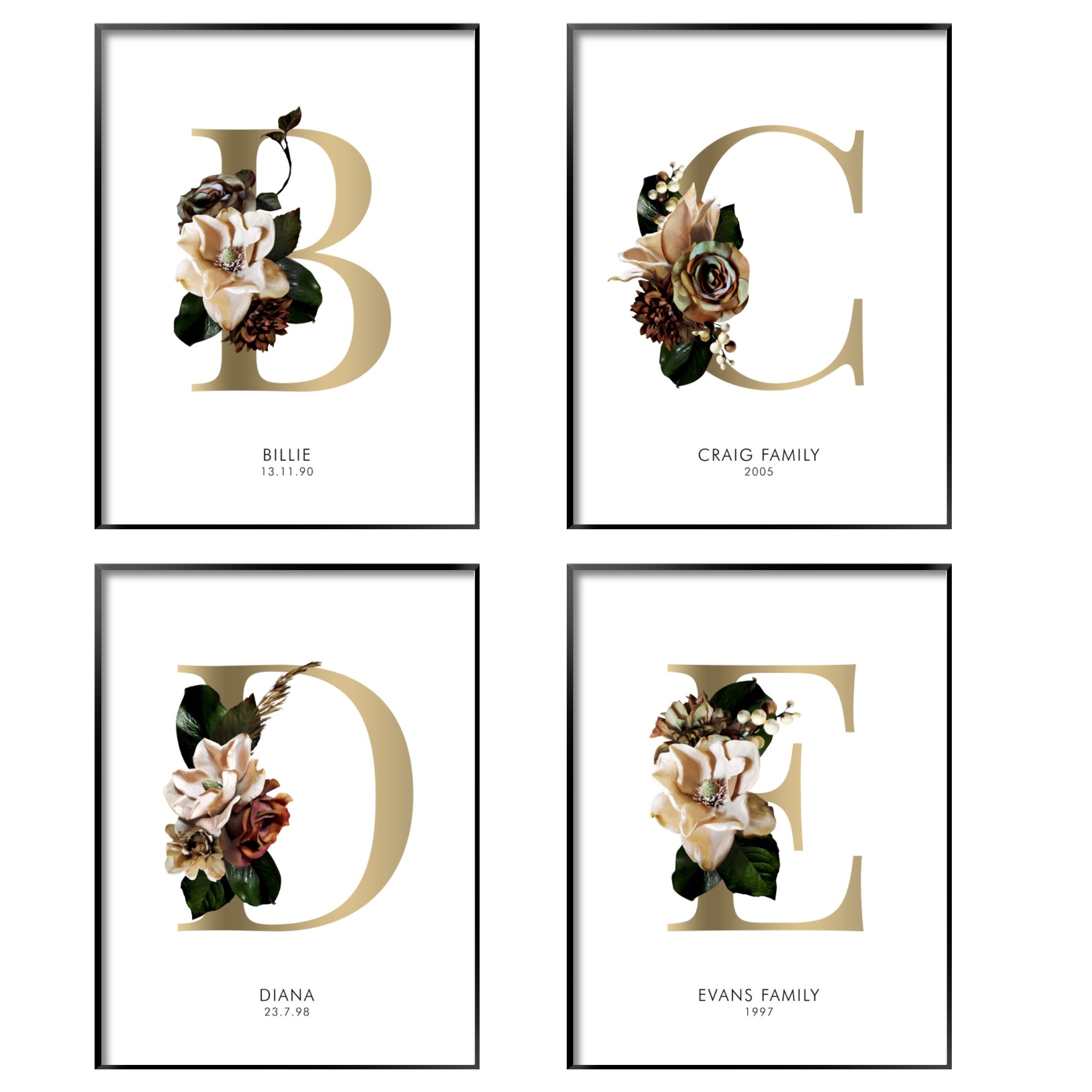 Print poster wall art personalised floral alphabet