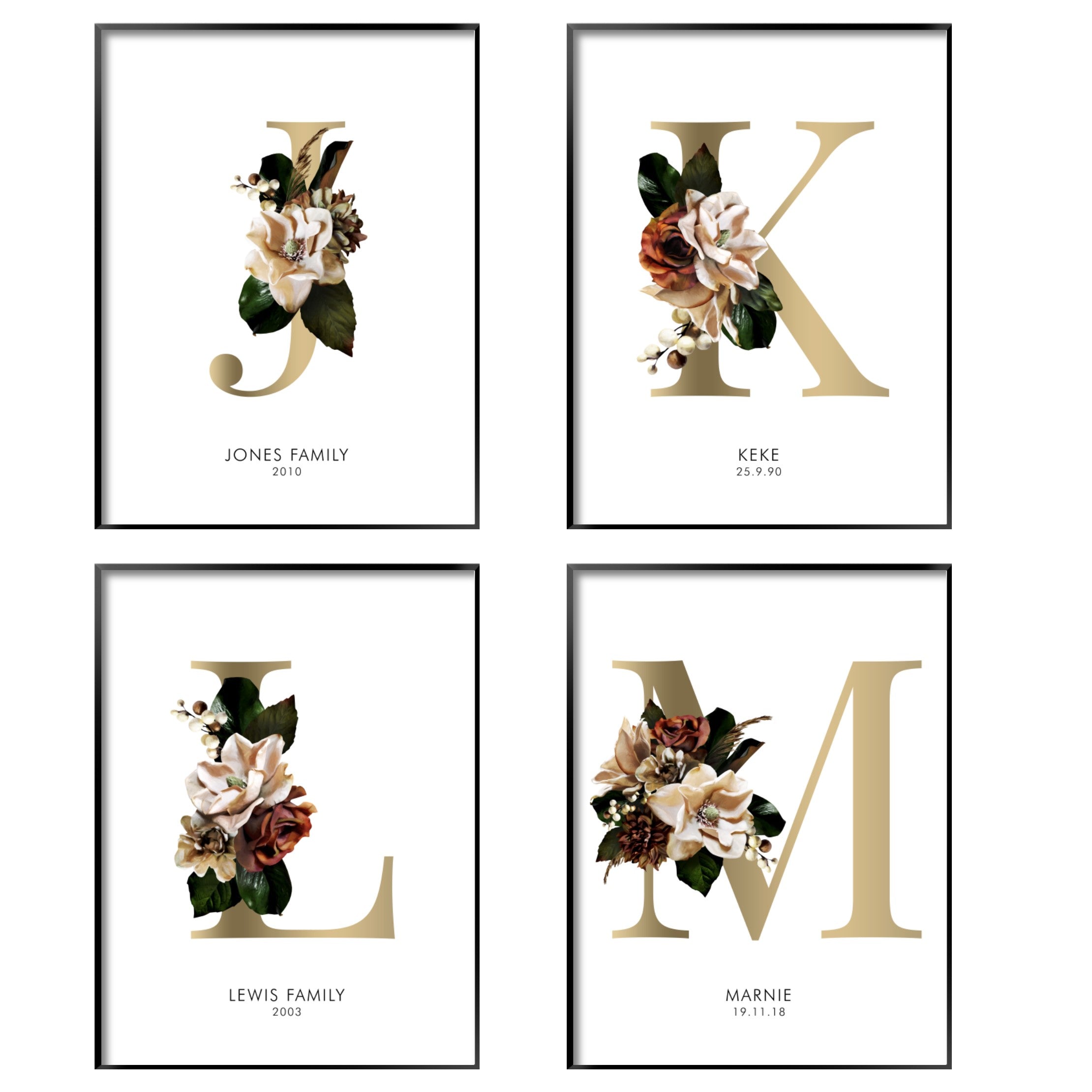Print poster wall art personalised floral alphabet
