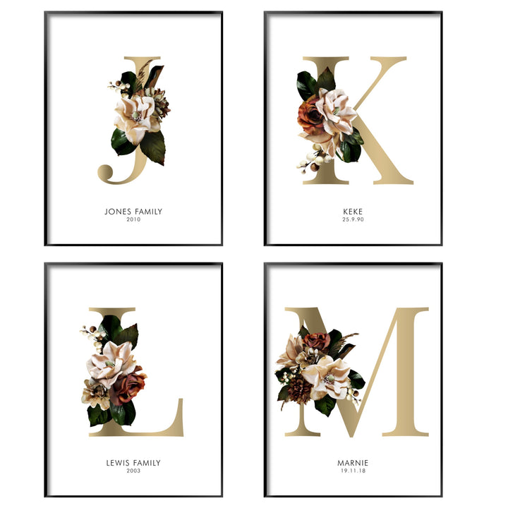 Print poster wall art personalised floral alphabet