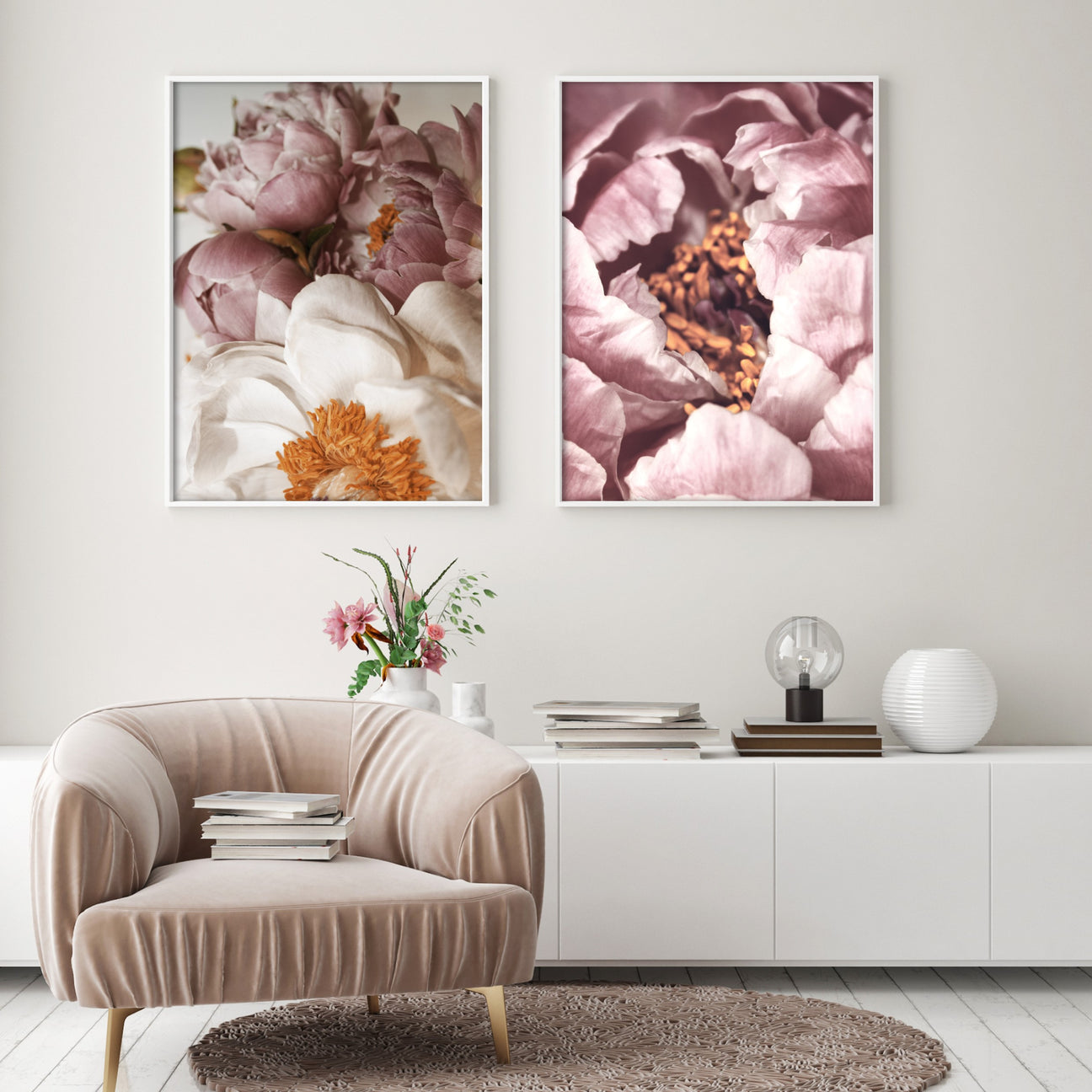 peony wall art in modern living room