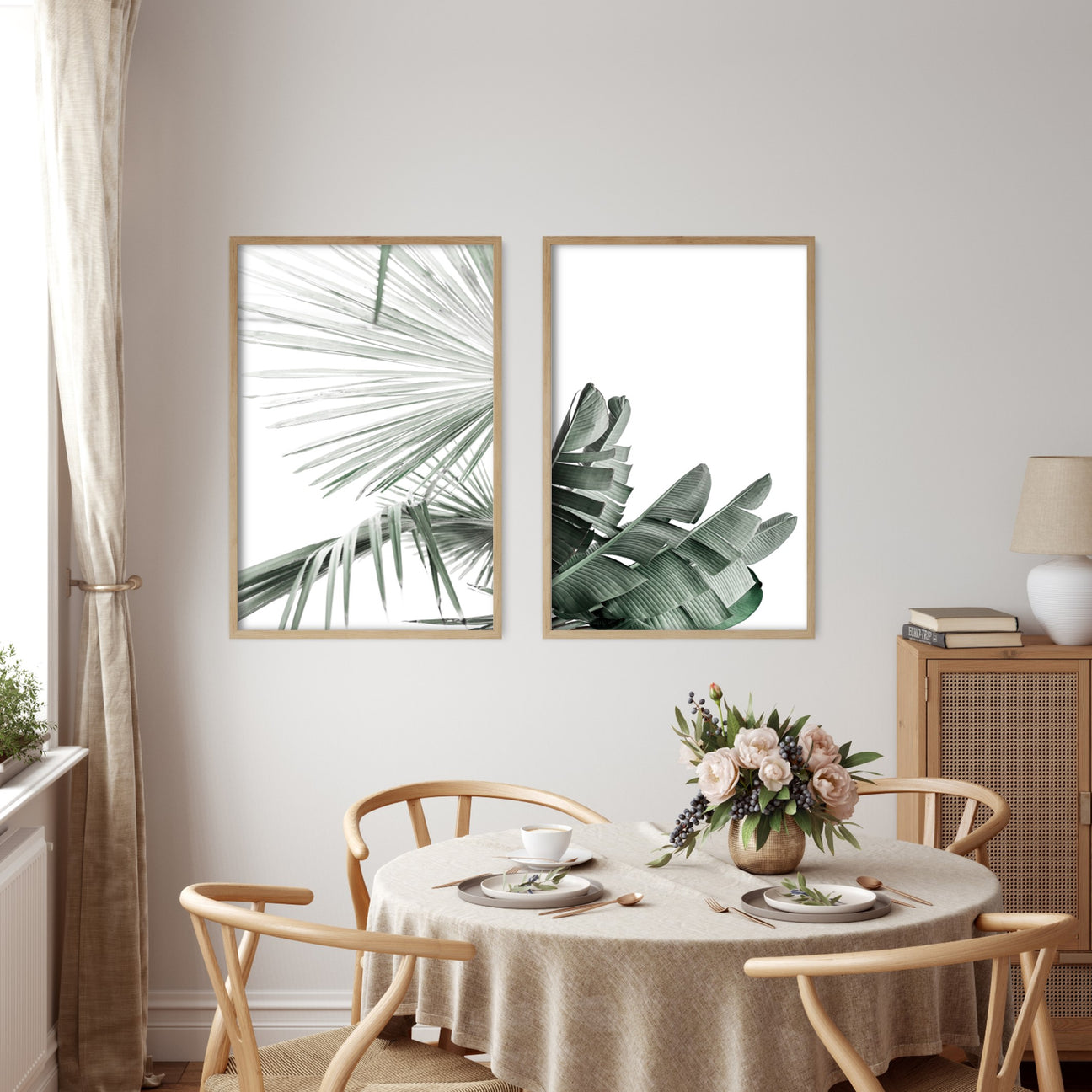 tropical green botanical wall art in neutral dining room