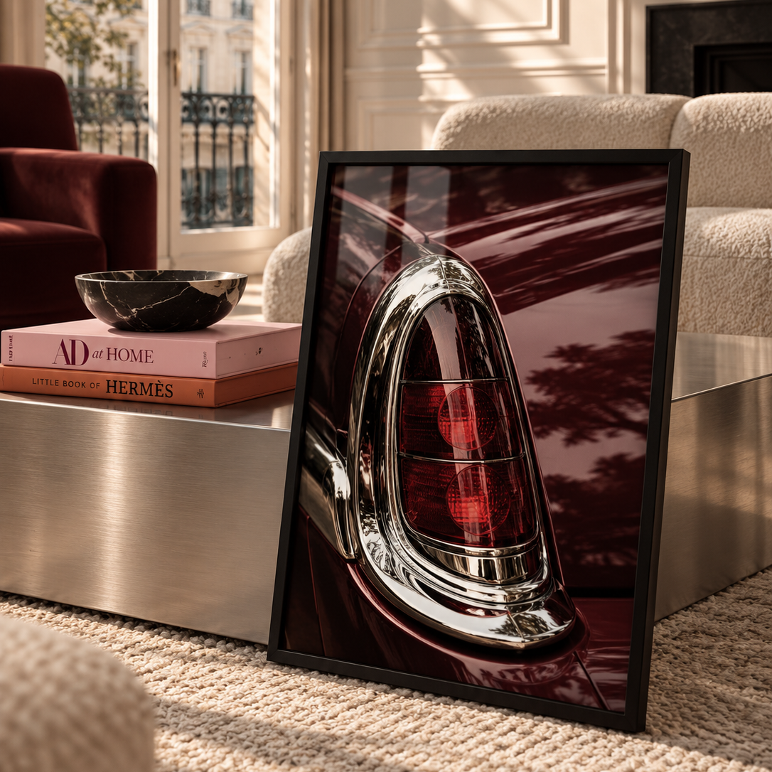 Deep Red Car Poster in a dark wood frame in luxury london living rooma
