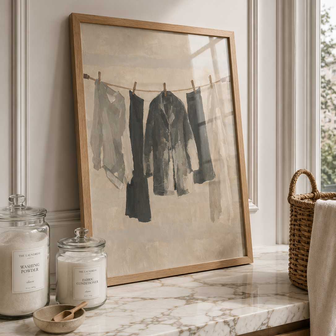 A framed art print leaning on a marble countertop in a bright, modern room. The print depicts a laundry scene with several garments hanging on a clothesline.