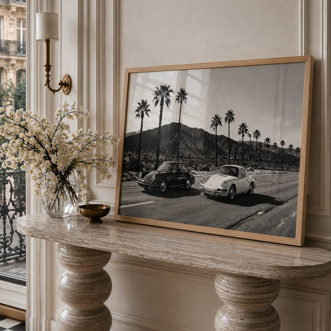 two classic porche 911 cars racing in california