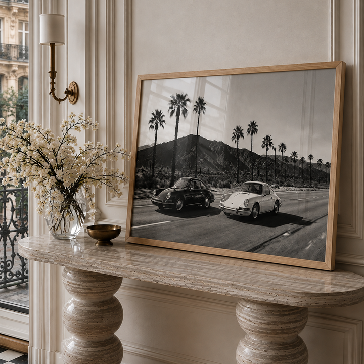 two classic porche 911 cars racing in california