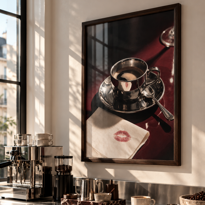Coffee Napkin Kiss poster in a luxury parisian Kitchen