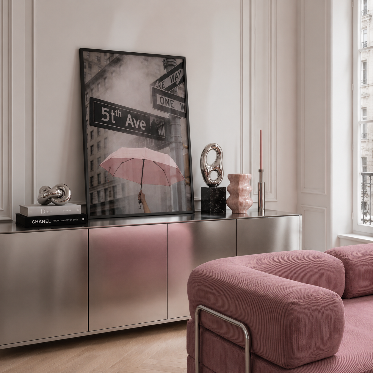 Modern interior with a pink sofa, decorative cabinet, and framed artwork.