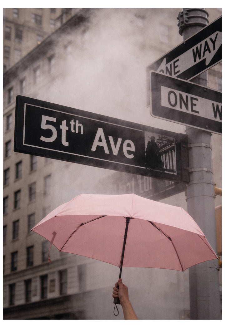 Pink umbrella held by a person at a street corner with '5th Ave' sign in the background