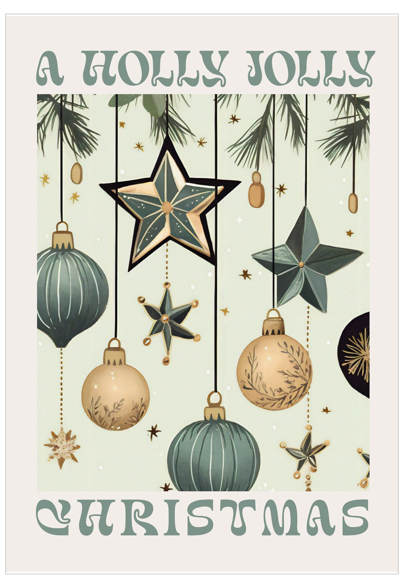 Decorative Christmas card with stars, baubles, and 'A Holly Jolly Christmas' text on a light background.