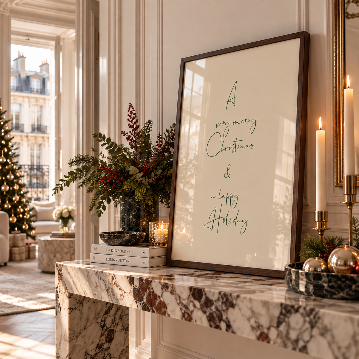 A very merry christmas and a happy holiday wall art in parisian apartment