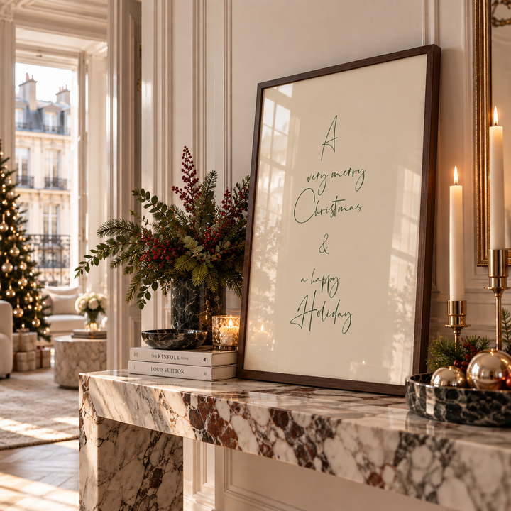 A very merry christmas and a happy holiday wall art in parisian apartment