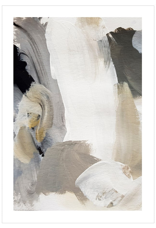 Abstract art with swirling brush strokes in black, white, and gray.