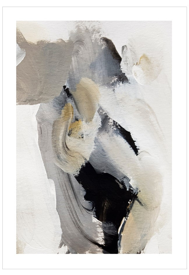 Abstract art piece with black, white, and gray brush strokes on a light background