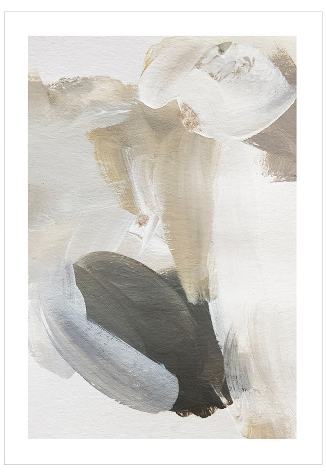 Abstract art with brush strokes in white, beige, and black on a light background