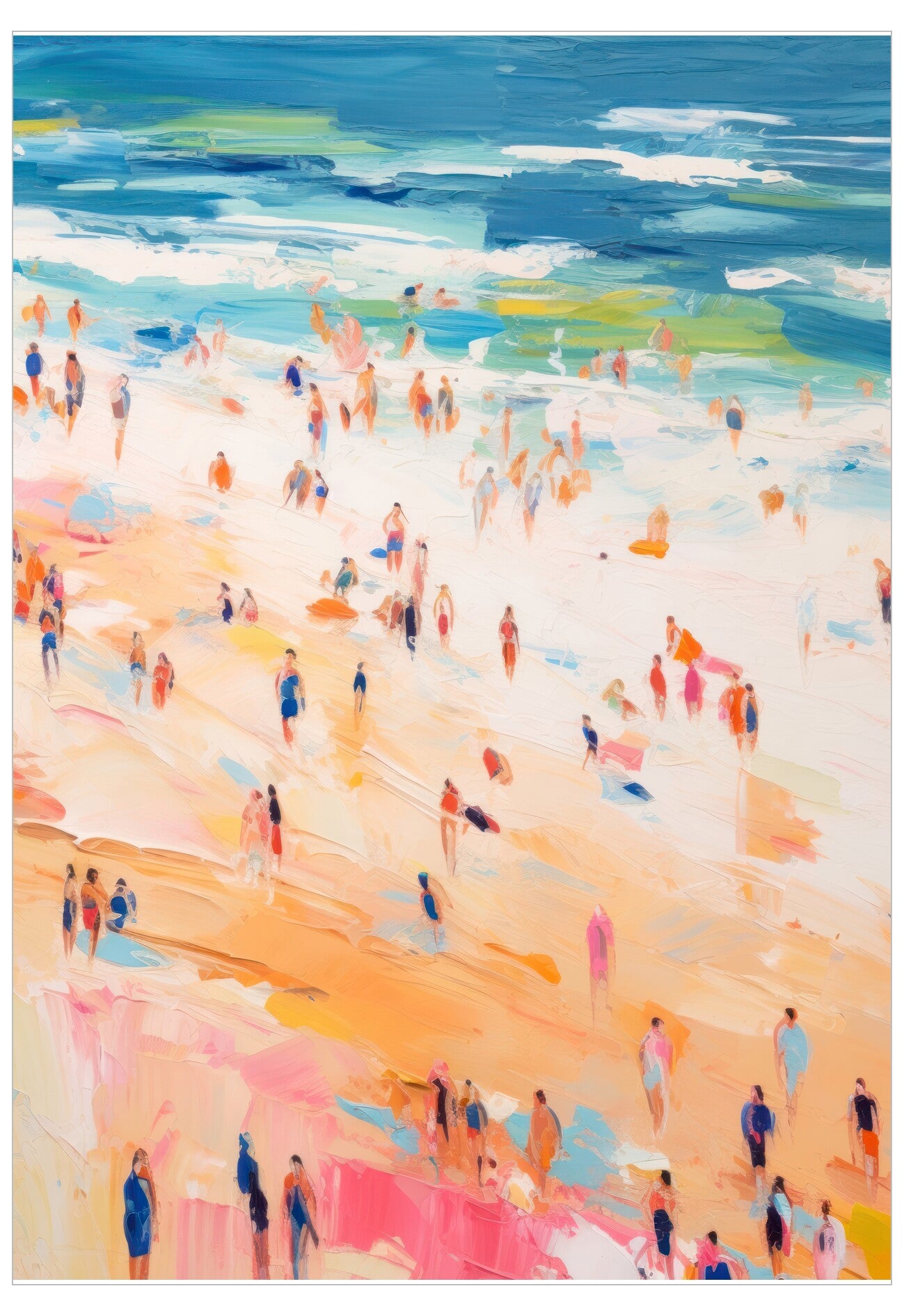 Colorful beach scene with people, abstract style