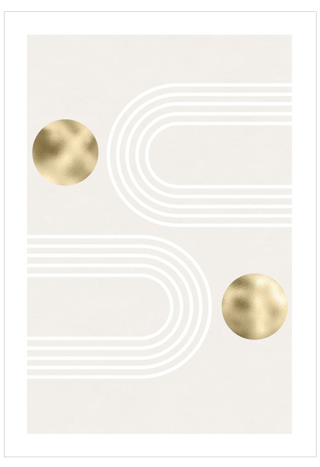 Decorative wall art with gold circles and lines on a white background