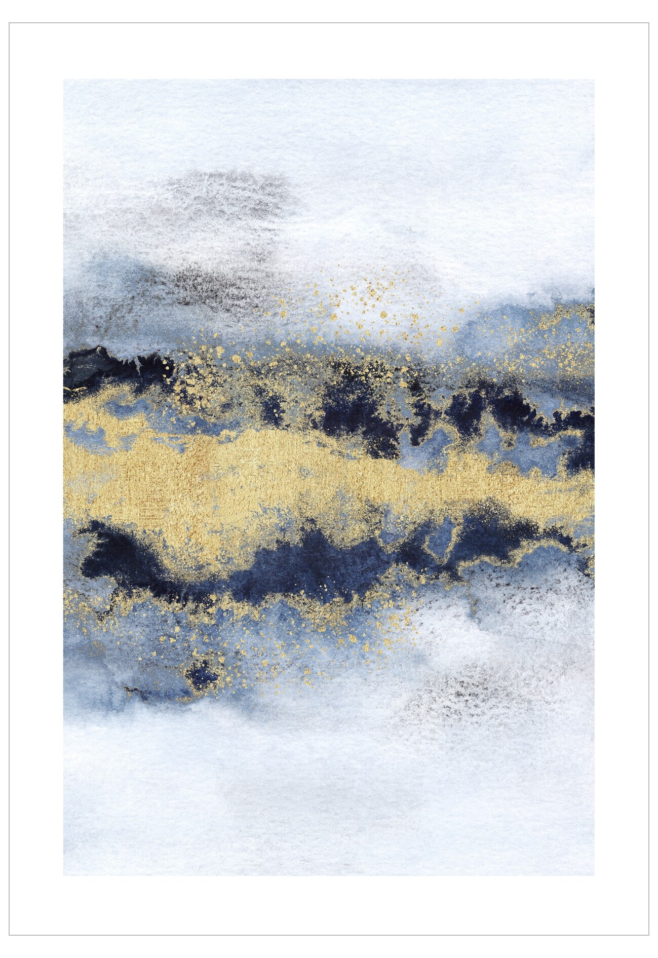 Abstract art print with gold, black, and blue colors on a white background