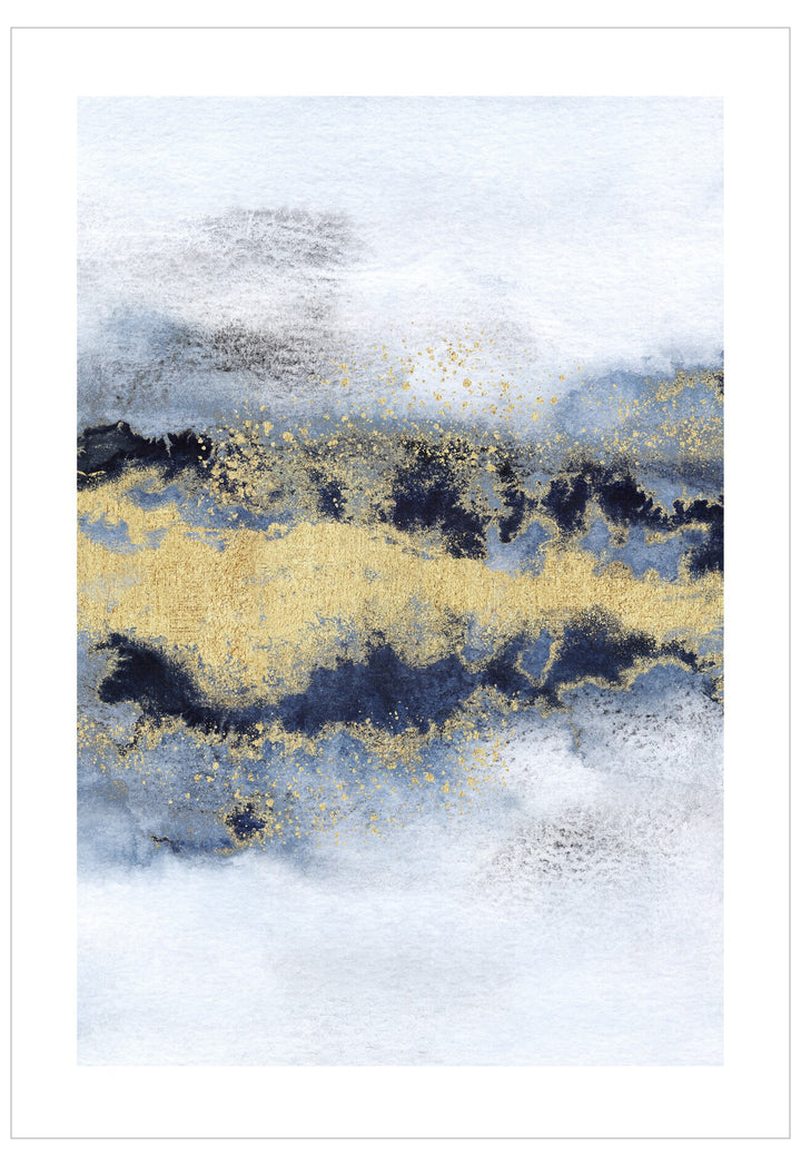 Abstract art print with gold, black, and blue colors on a white background