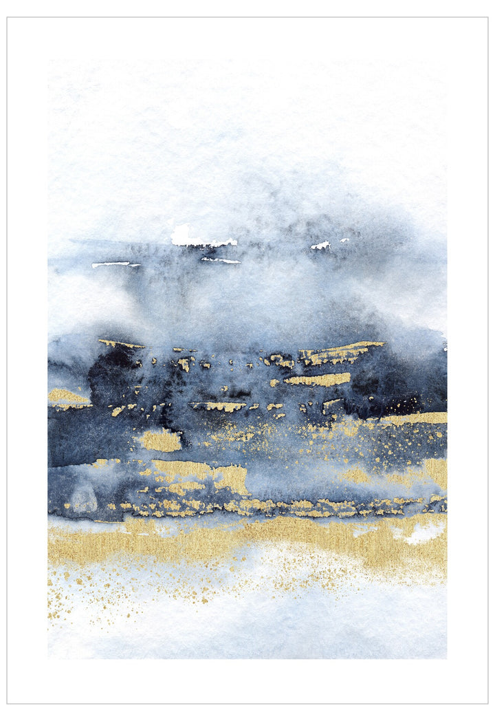Abstract art print with blue, gold, and white colors on a white background