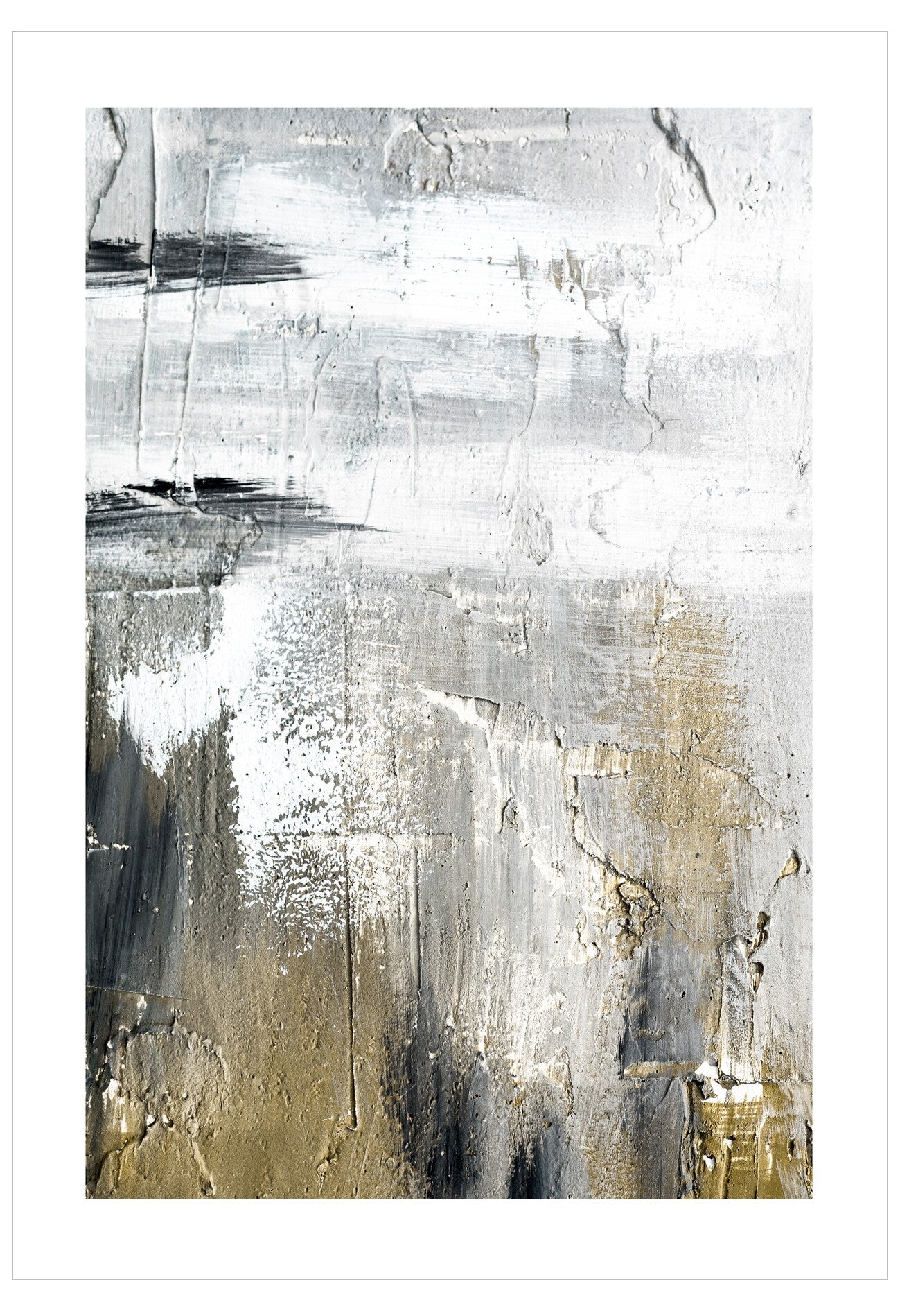 Abstract art print with black, white, and gold brush strokes on a white background