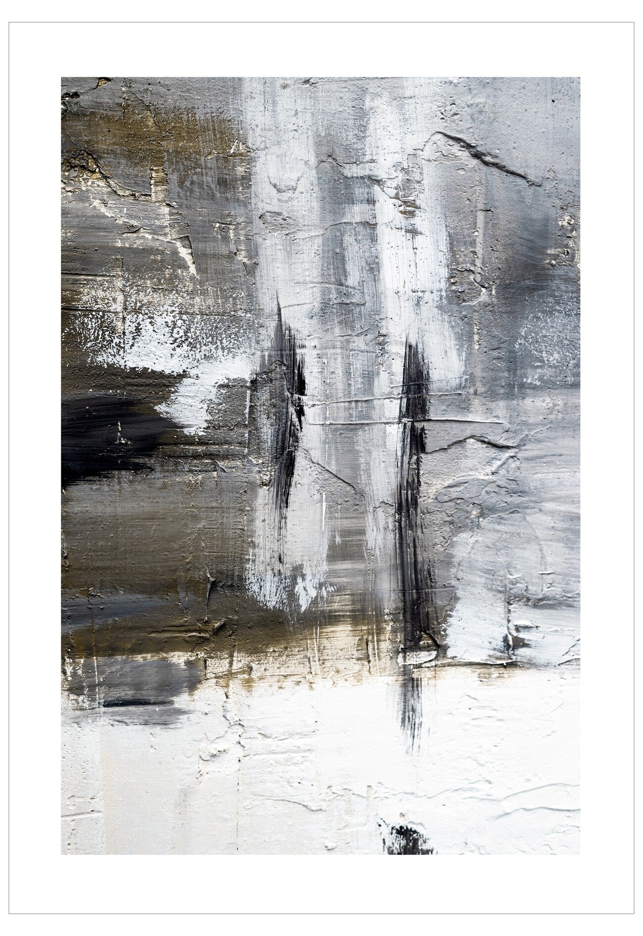 Abstract art print with black, white, and gray brush strokes on a white background