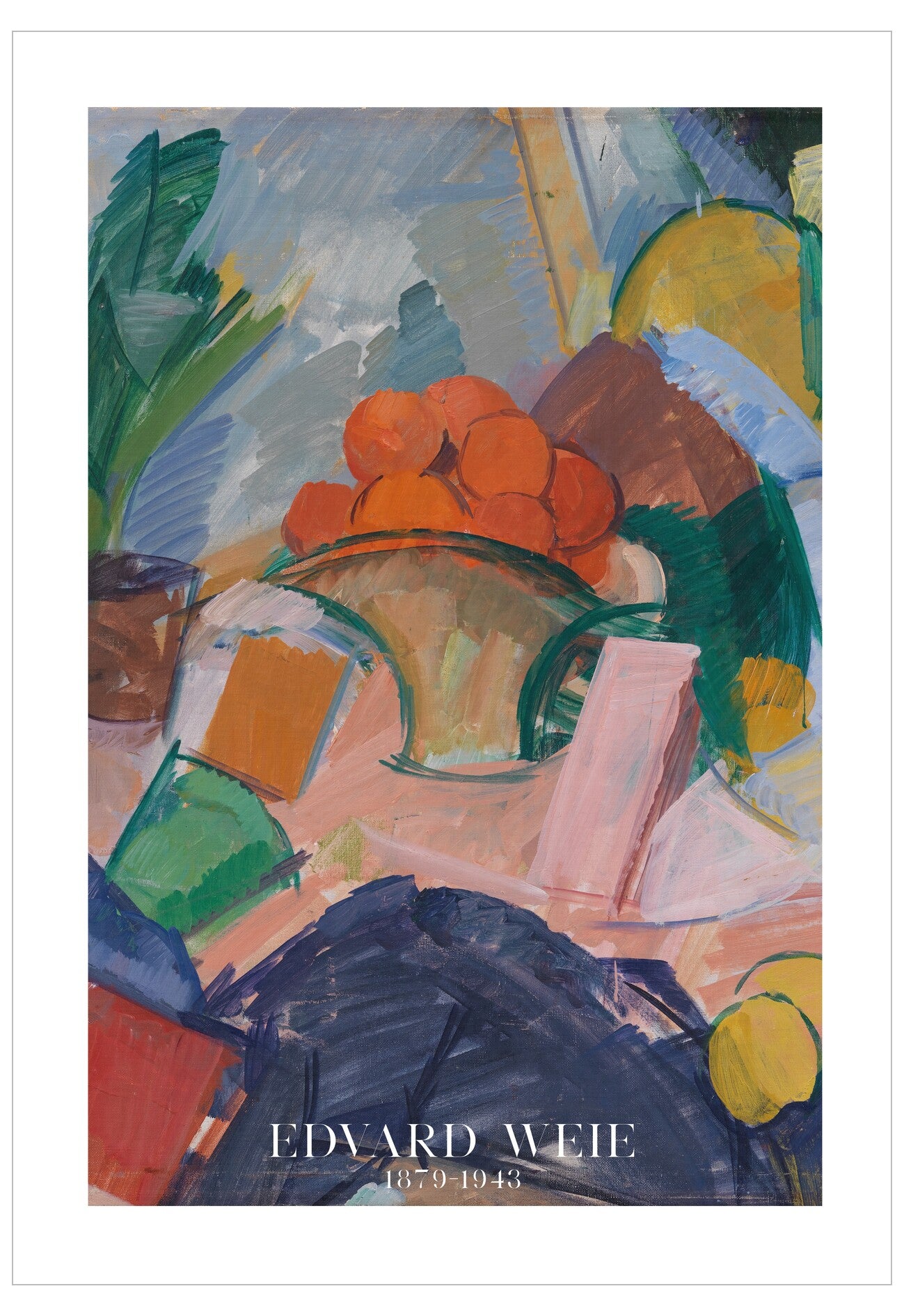 Colorful abstract painting with oranges and a vase, signed 'Edvard Weie'.