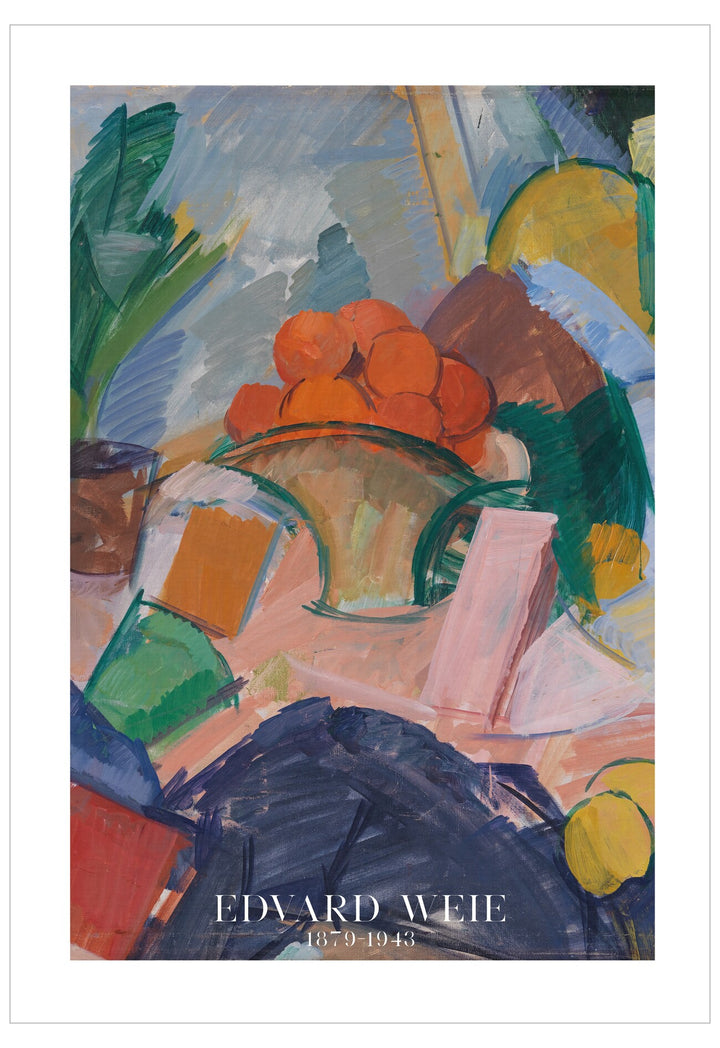 Colorful abstract painting with oranges and a vase, signed 'Edvard Weie'.
