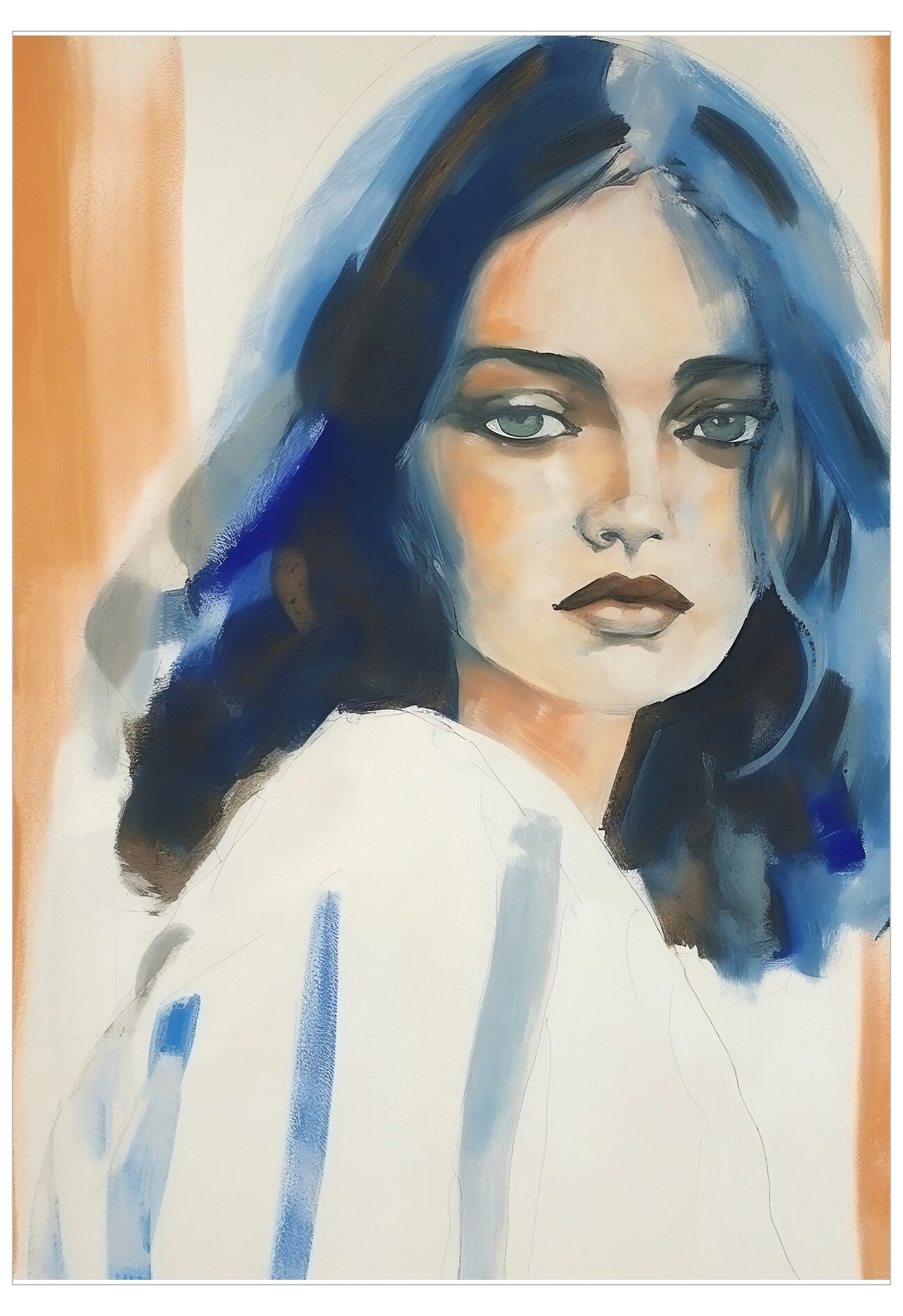 Artistic depiction of a person with blue hair and a white shirt.