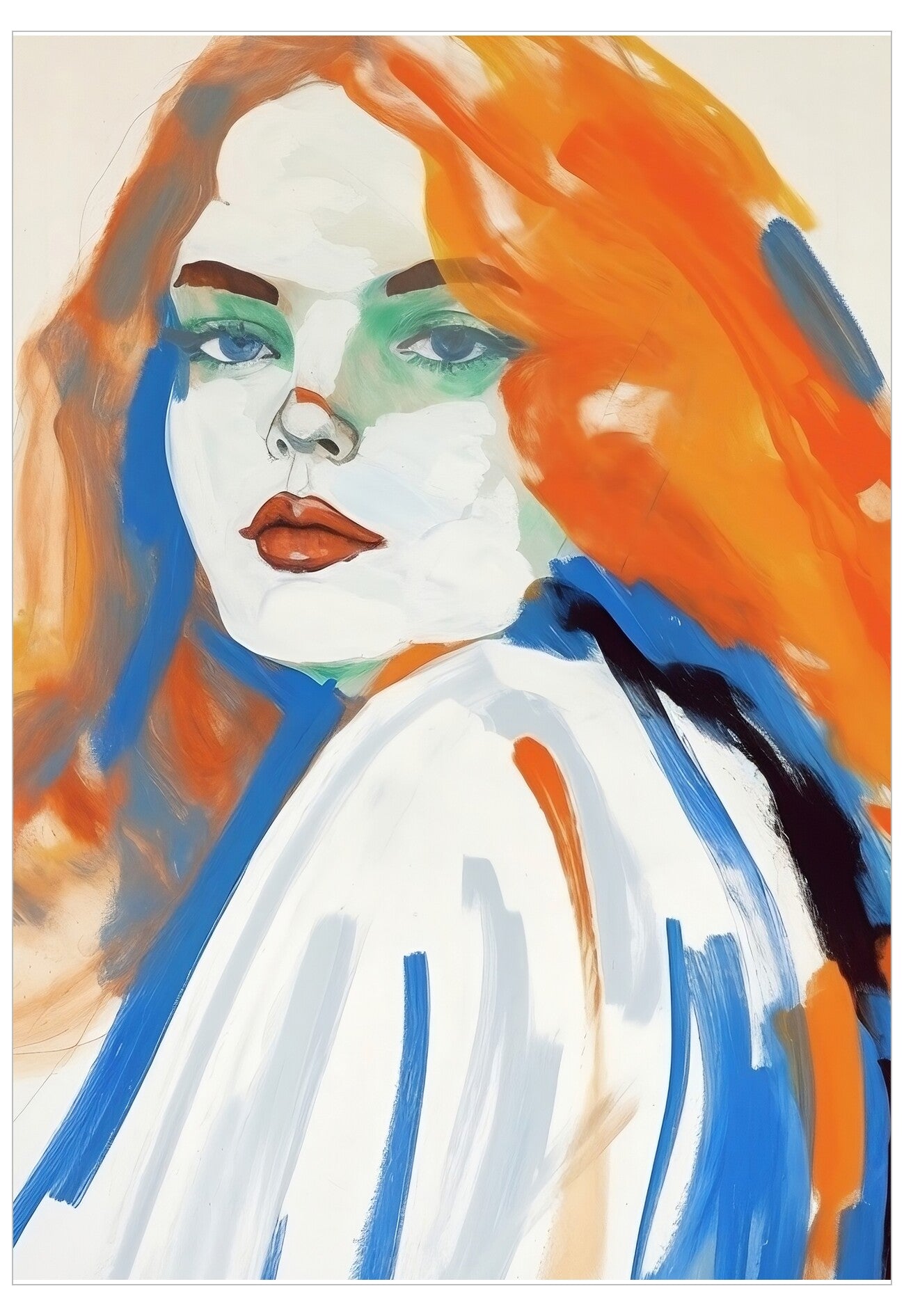 Artistic depiction of a person with red hair and a white shirt, using bold, abstract brushstrokes.