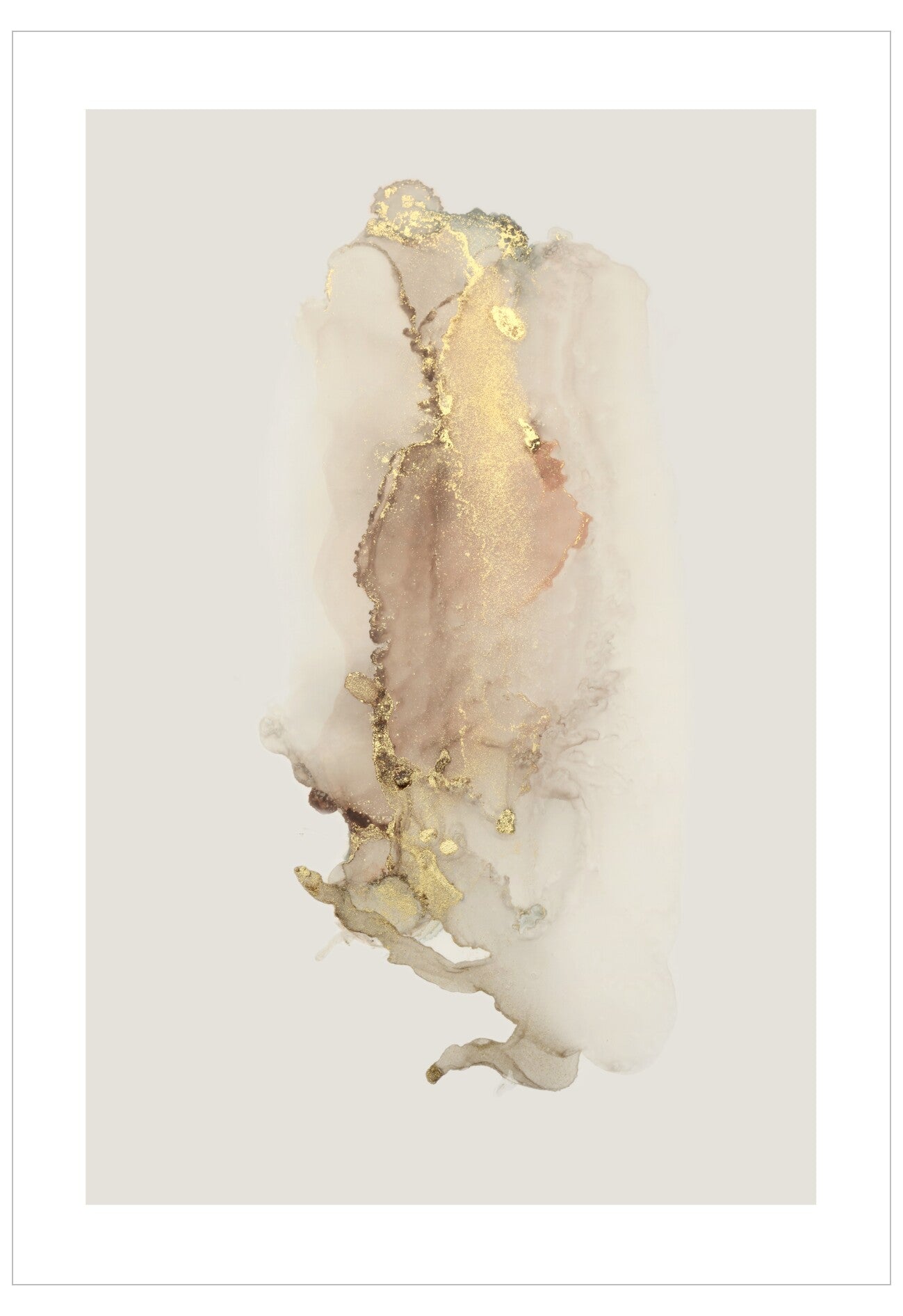 Abstract art piece with white and gold colors on a light gray background