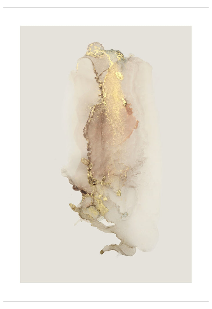 Abstract art piece with white and gold colors on a light gray background