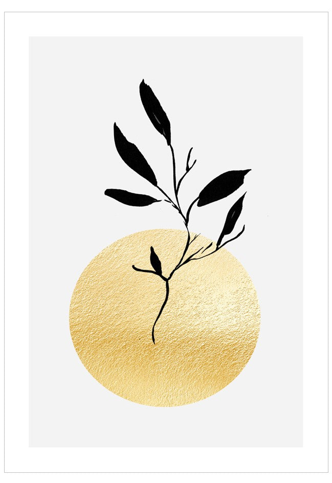 Black leaf branch on a gold circle against a white background
