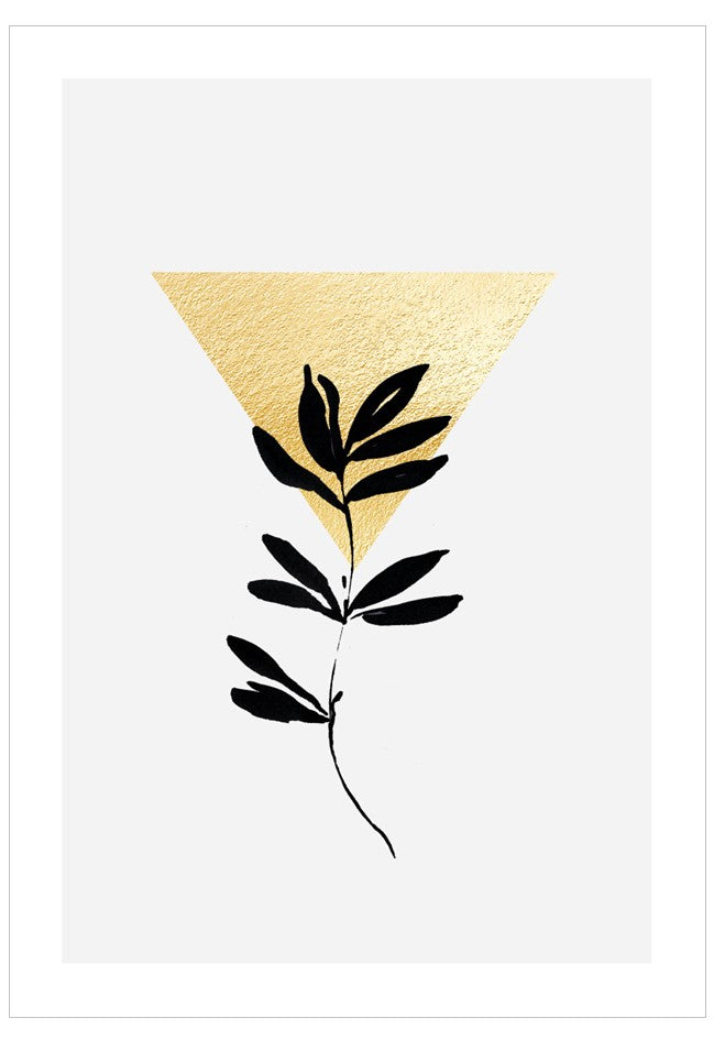 Black leaf design on a white background with a gold triangle