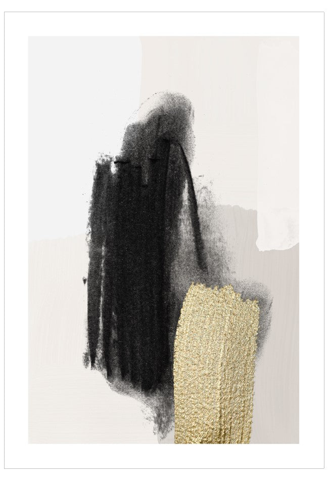 Abstract art piece with black and gold brush strokes on a light background