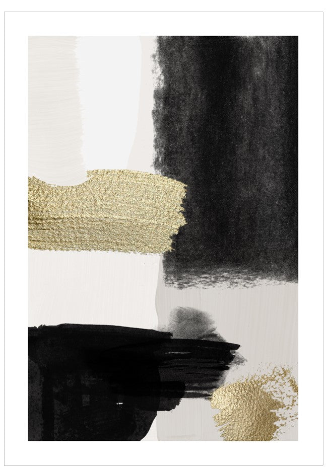 Abstract art piece with black, gold, and white brush strokes on a white background