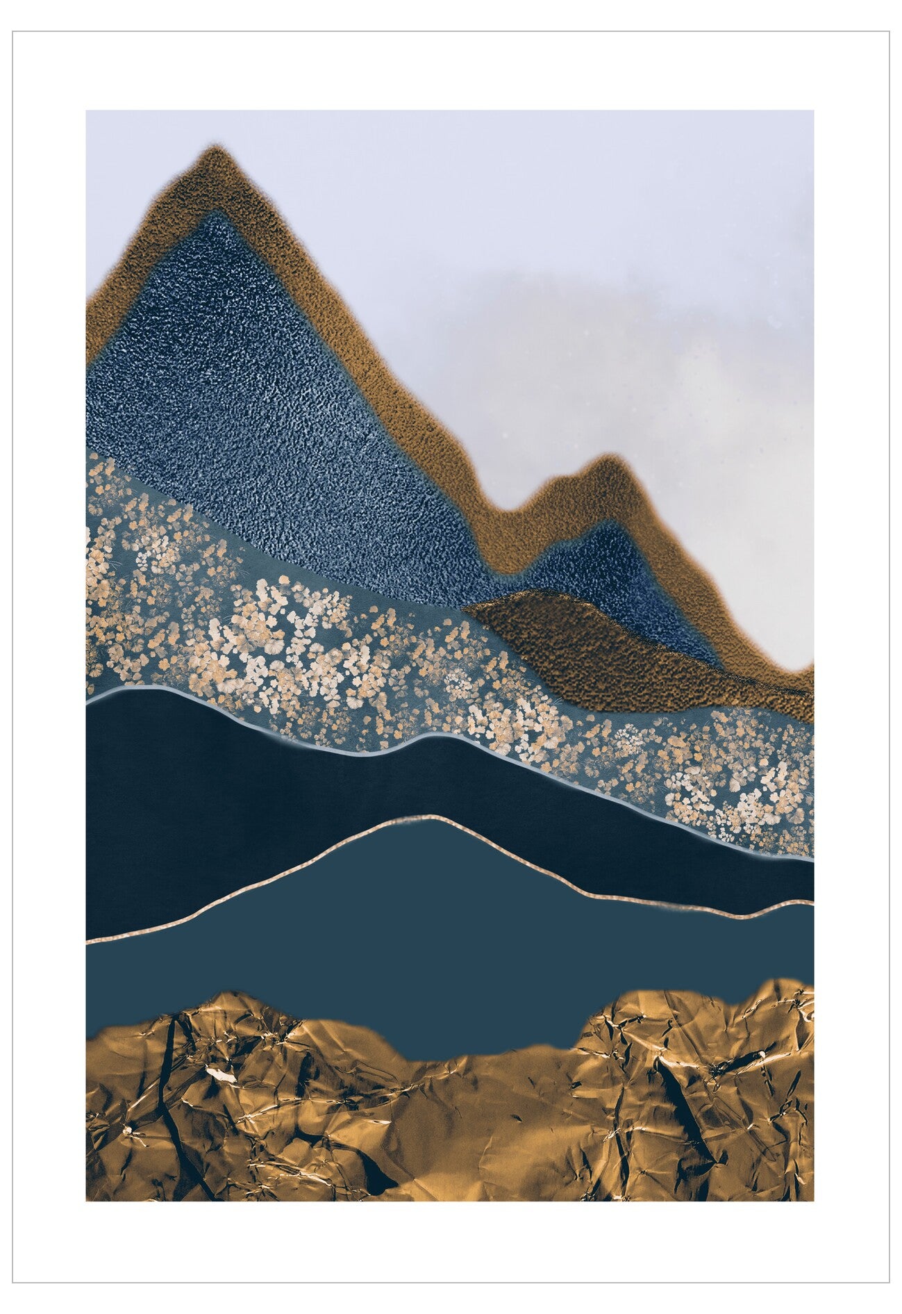 Abstract art piece with blue, brown, and gold colors